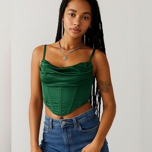 Urban Outfitters Satin Corset-Style Cowl Neck Top – Emerald Green (Size S / P